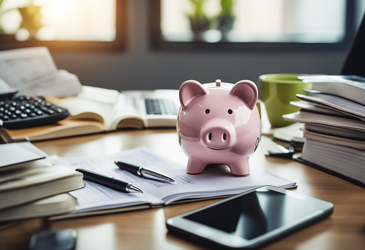 A person sitting at a desk, surrounded by financial books and spreadsheets, with a piggy bank and a budget planner on the table