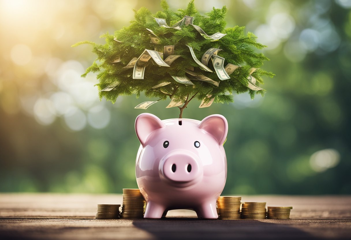 A stack of money grows on a tree while a piggy bank overflows with coins, symbolizing financial freedom and retirement habits