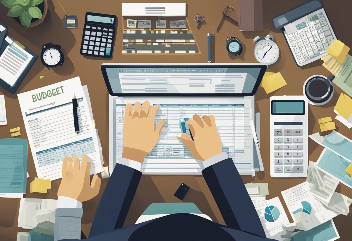 A person sitting at a desk, surrounded by bills, a budget planner, and a calculator. They are focused and determined, with a look of concentration on their face