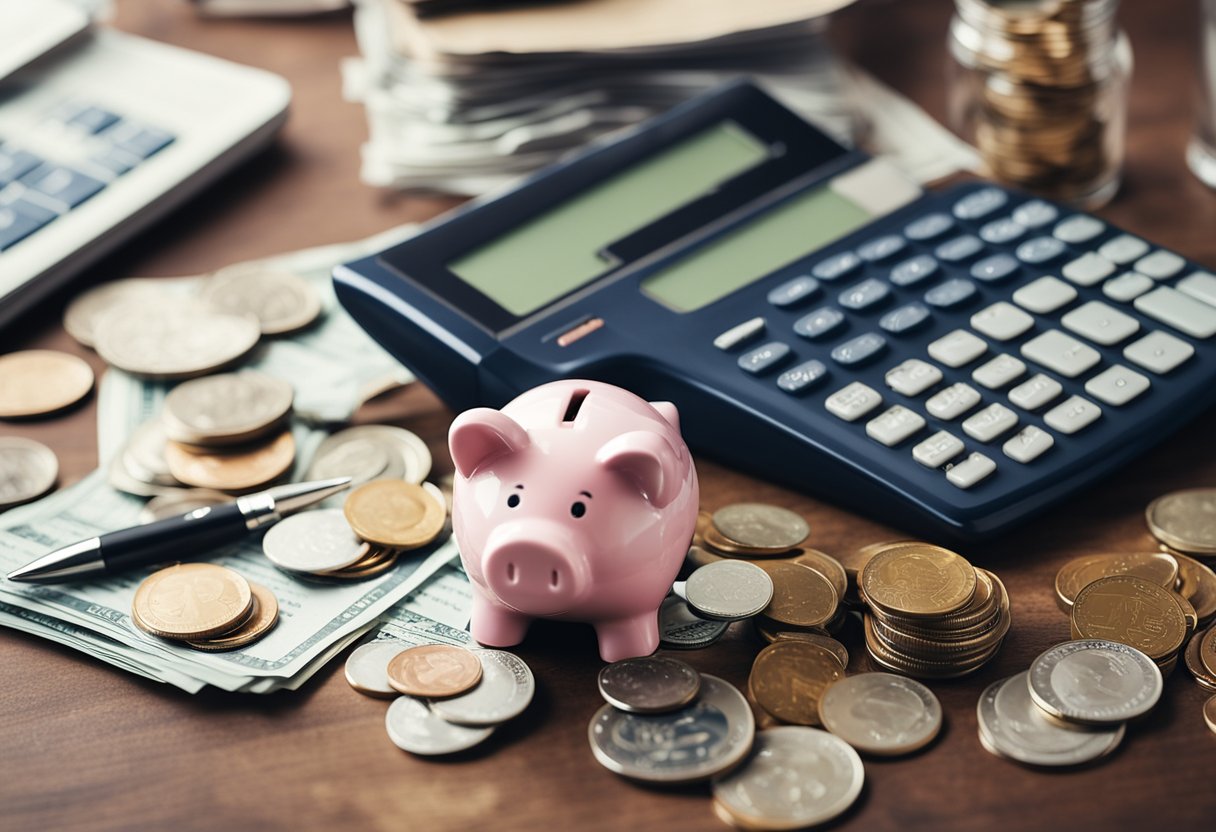 A piggy bank sits on a desk surrounded by scattered coins and crumpled bills, with a calculator and budgeting spreadsheet in the background