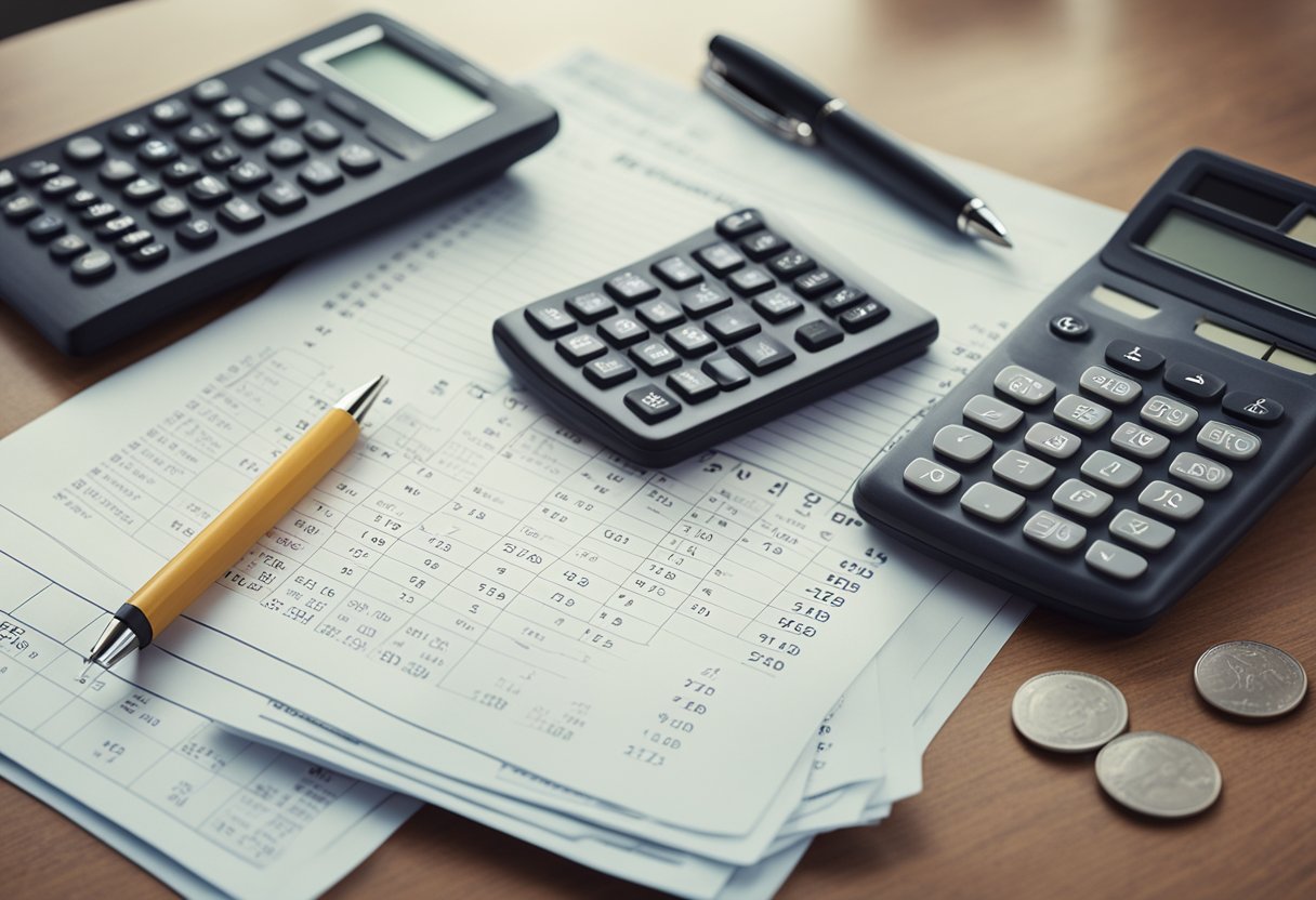 A desk with a calendar, calculator, and financial documents. A piggy bank and a growth chart symbolize long-term financial planning and habits